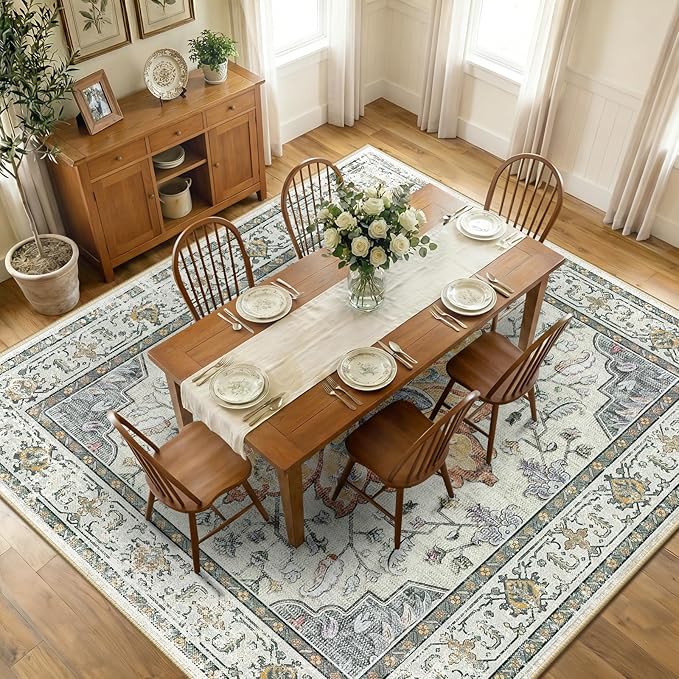 Area Rugs Square 10ft Washable Non-Slip, Floral Vintage Distress Print Pattern Medallion Carpet for Living Room Bedroom Dining Room, Light Yellow Carbon Grey Orange