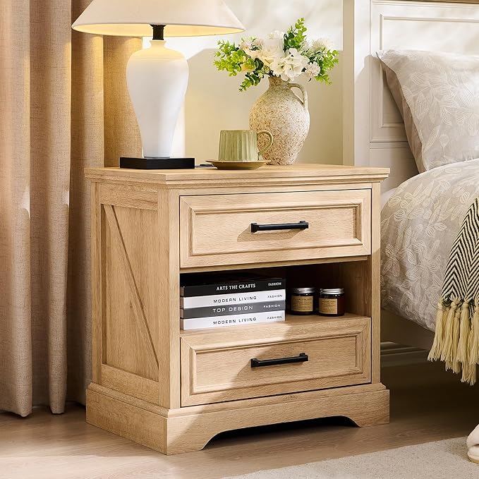 ACCOHOHO 24" Farmhouse Nightstand Set of 2 with Charging Station, 2 Drawers Large Bedside Table with Open Shelf, Rustic End Table for Bedroom - Natural Oak
