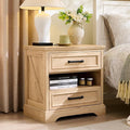 ACCOHOHO 24" Farmhouse Nightstand with Charging Station, 2 Drawers Large Bedside Table with Open Shelf, Rustic End Table for Bedroom - Natural Oak