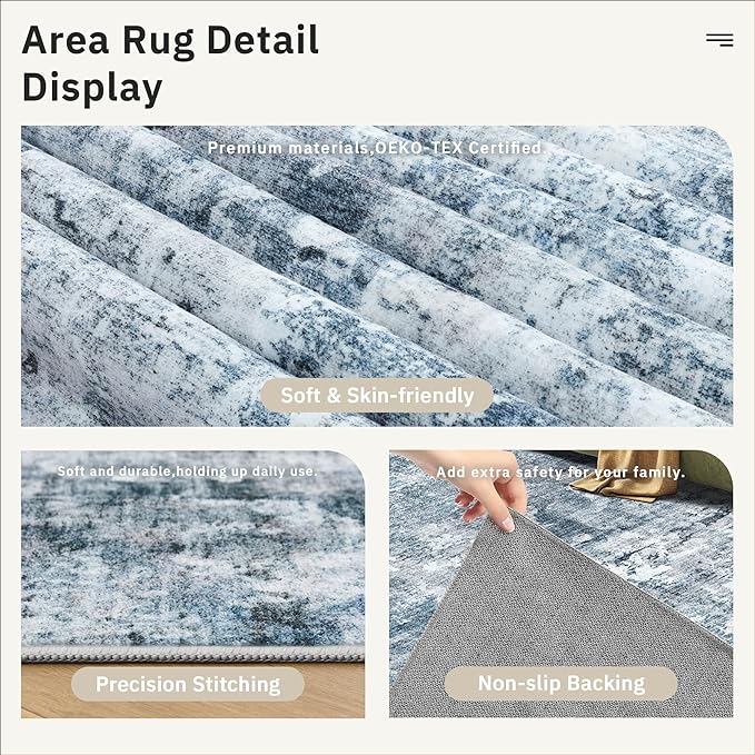 2x3 Abstract Washable Rugs for Kitchen, Floor, Entryway, Powder Room Small Area Rug Non-Slip Vintage Rug Low Pile Throw Door Mat Blue