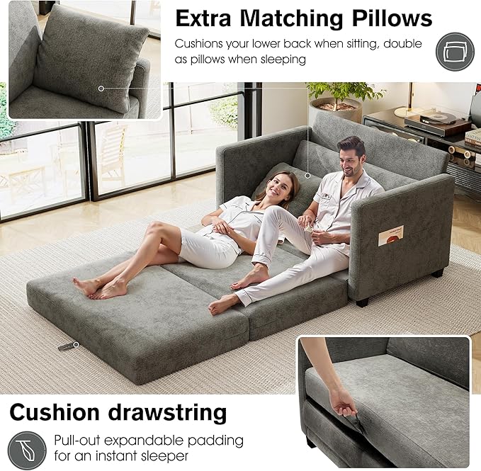 51" Loveseat Sleeper Sofa Bed, Chenille Convertible Floor Sofa Bed for Small Spaces, Folding Couch Bed with Deep Seat, 2 Pillows & Solid Frame, Pull Out Floor Couch for Living Room, Grey