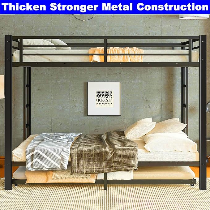 Upgraded Version Thicken Metal Heavy Duty Queen Over Queen Bunk Bed with Trundle, Best Modern Style Stronger BunkBed Frame Queen Size with Ladders for Adults, Easy Assembly (with Trundle)