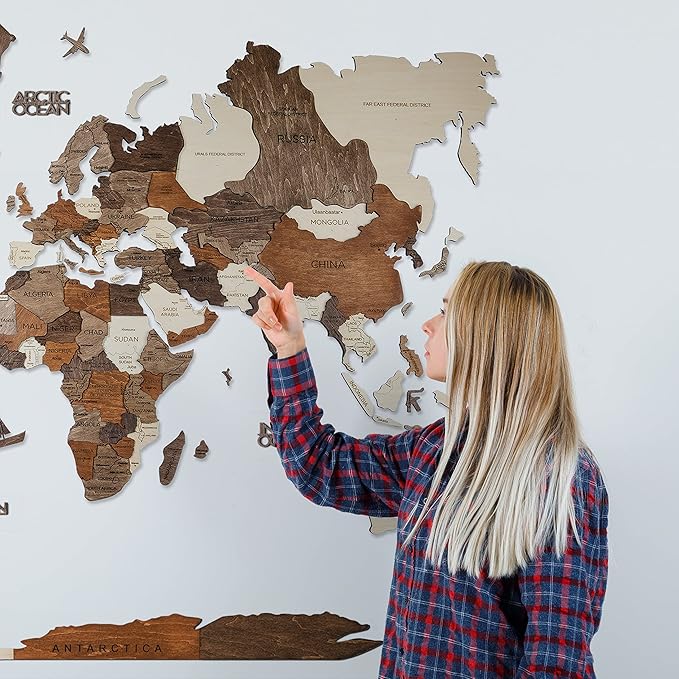 Handmade 3D Wood World Map Wall Art Large Wall Decor Track Your World Travels - Special for Home, Kitchen and Office (Large, Multicolor)