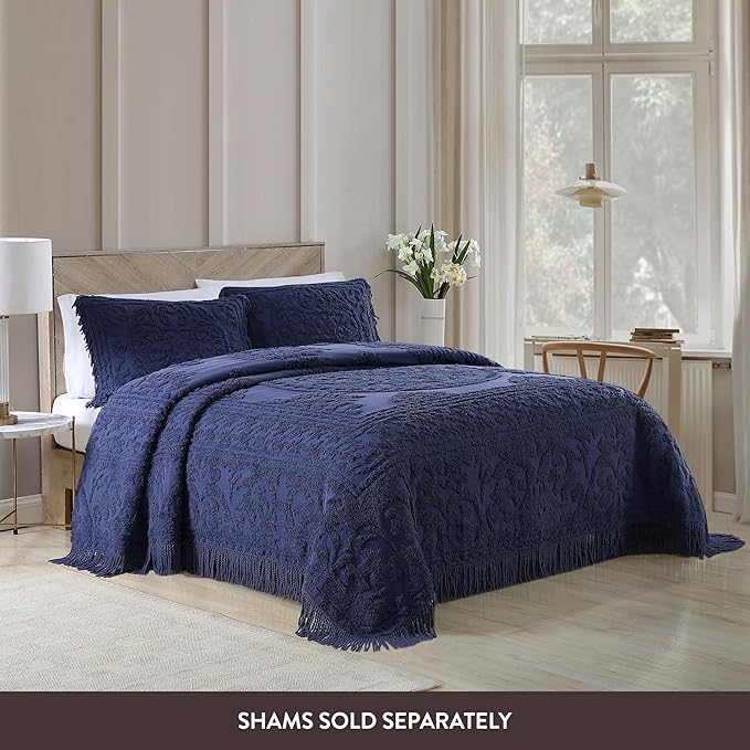 Beatrice Home Fashions Medallion Chenille Bedspread, Full, Navy