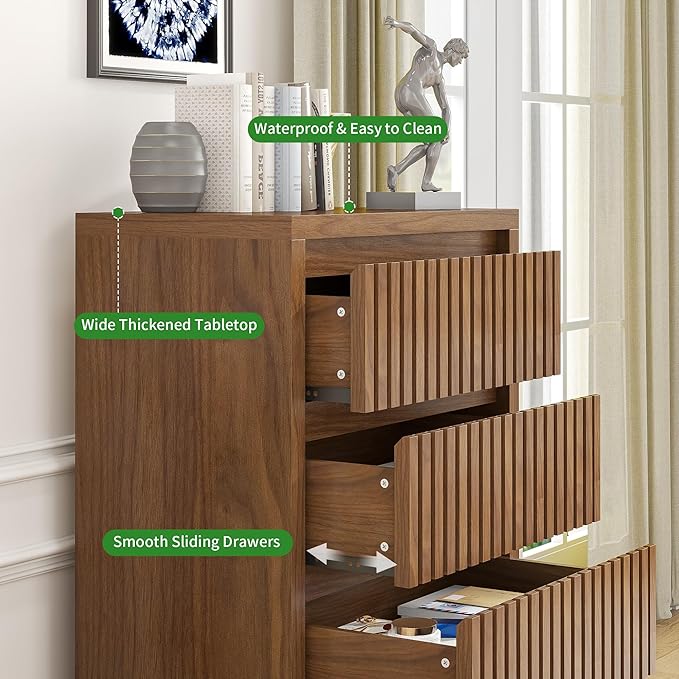 Fluted 4 Drawer Dresser, Mid Century Small Dresser for Bedroom, Wood Chest of Drawers, Modern Closet Clothes Organizer, Walnut Wooden Storage for Living Room, Brown