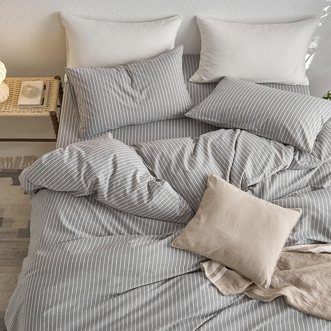 MooMee Striped Duvet Cover Set 100% Washed Cotton Linen Like Textured Breathable Durable Soft Comfy (Light Grey White Wide Stripes, Twin 68"x90")