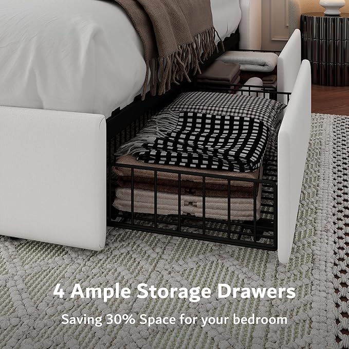 iPormis Queen Bed Frame with 4 Storage Drawers, Upholstered Platform Bed Frame with Type-C & USB Ports, Wingback Storage Headboard, Solid Wood Slats, No Box Spring Needed, White