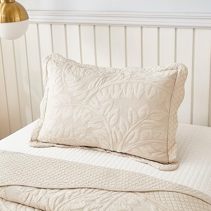 MarCielo 3-Piece 100% Cotton Oversized Bedspread Lightweight Quilt Coverlet Embroidery Farmhouse Bedding Set T0 (Yellowish Beige, Twin (68"x86"))