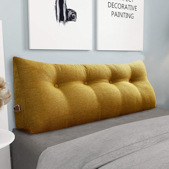 homecozy Wedge Headboard Pillow Dorm Room Reading Pillow Back Support for Sitting Up in Bed Bolster Lumbar Cushion Body Positioning Bedrest Cotton Linen 54in Yellow Full