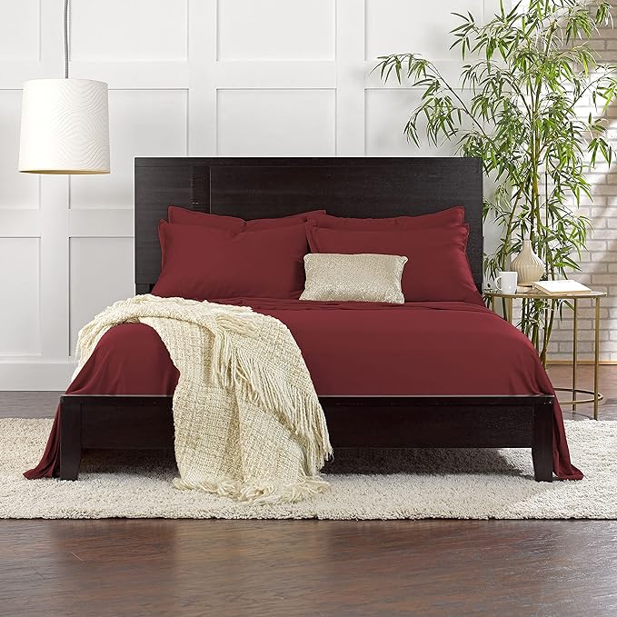 Pure Bamboo Split King Sheets, Genuine 100% Organic Viscose Derived from Bamboo Bed Sheet Set, Soft & Cooling, Double Stitching, 2 Fitted Sheets (Split King, Merlot)