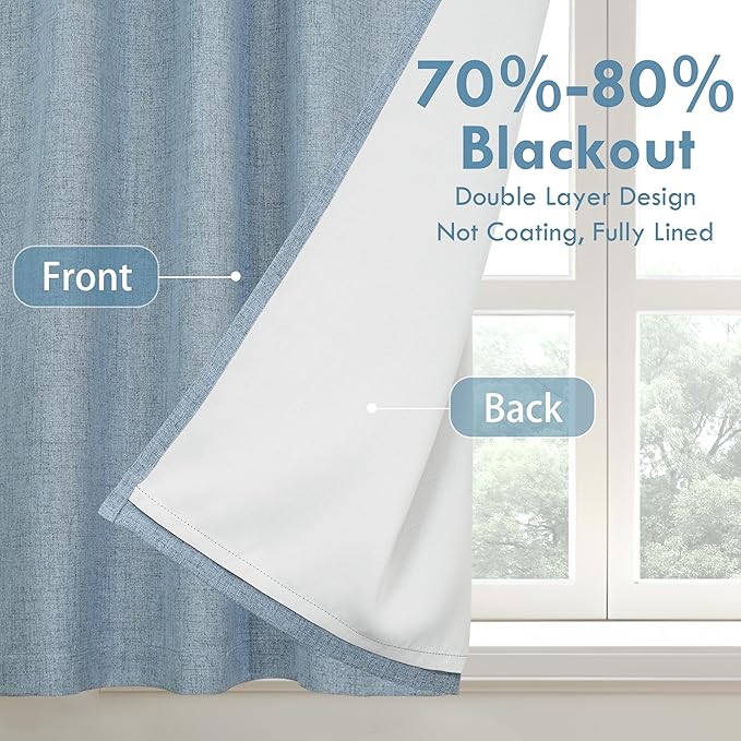 DriftAway Double Layer Linen Blackout Tie Up Curtains Thermal Insulated Fully Lined Balloon Roman Shade Bathroom Window Adjustable Rod Pocket for Small Window 31 Inch by 47 Inch Dusty Blue