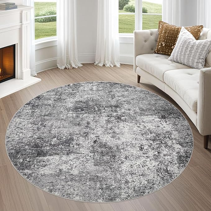 6ft Round Area Rug Living Room Rugs - 6x6 Washable Large Soft Indoor Neutral Modern Abstract Low Pile Rug Carpet for Bedroom Dining Room Farmhouse Home Office - Grey