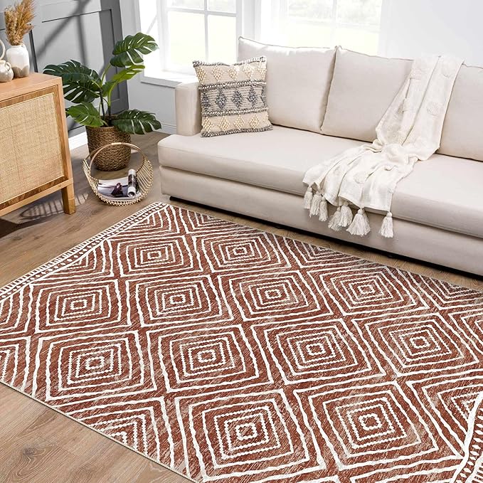 6x9 Area Rug, Ultra-Soft Washable Rug for Living Room, Dinner Room, Bedroom, Non-Slip Modern Westren Rug, Indoor Carpet Large Area Rug, Brown Red