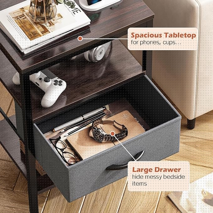 SUPERJARE Nightstand Set of 2, Bed Side Tables with Charging Station, Adjustable Fabric Drawer, Night Stand for Bedroom, 3-Tier Storage End Tables, Walnut, 8694NC