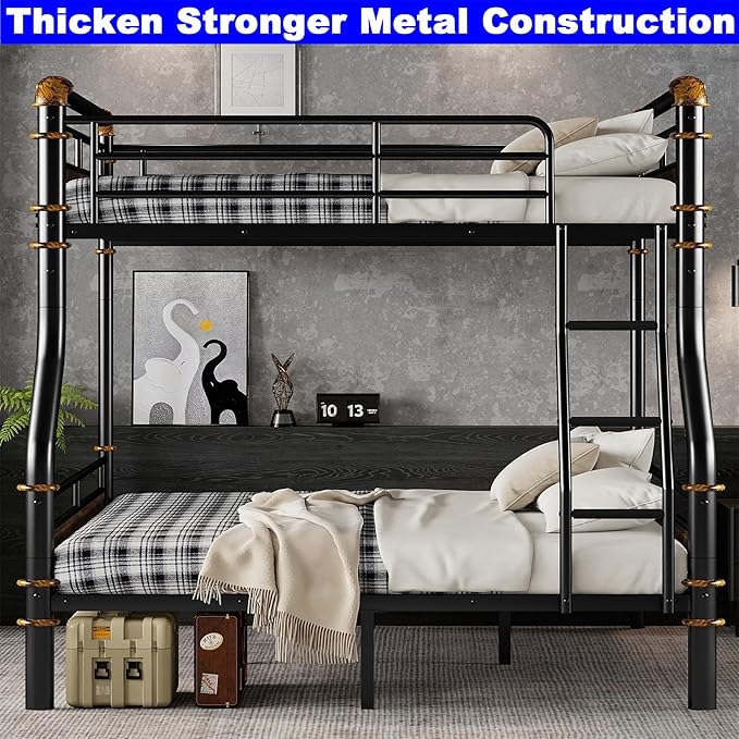 Upgraded Version Thicken Metal Heavy-Duty Full XL Over Queen Bunk Bed, Best Industrial Style Stronger Full Over Queen Size Bunk Bed with Ladder for Adults, Easy Assembly (Full XL Over Queen)