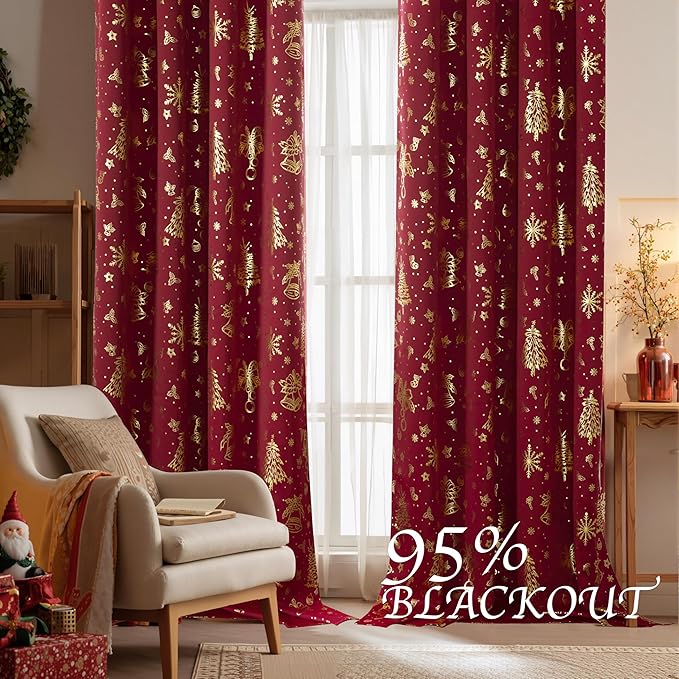 NICETOWN 2 Panels Christmas Red Curtains 52 x 63 Inch - Gold Stamped Grommets Christmas Curtains for Living Room, Bedroom - Holiday Festive Window Drapes - Christmas Decoration