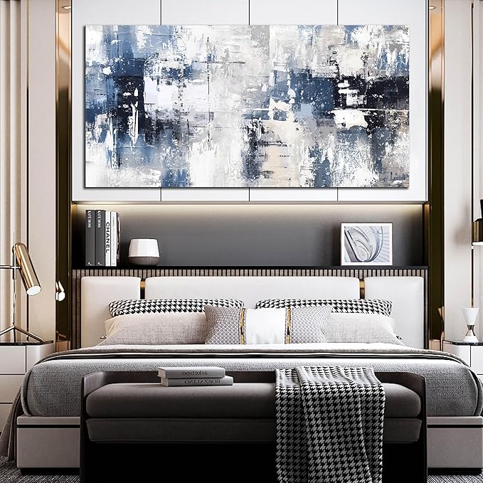 Prepeyssee White and Blue Abstract Canvas Wall Art for Living Room Bedroom Home Office Large Modern Grey Abstract Canvas Prints Picture Ready to Hang Size 29x59