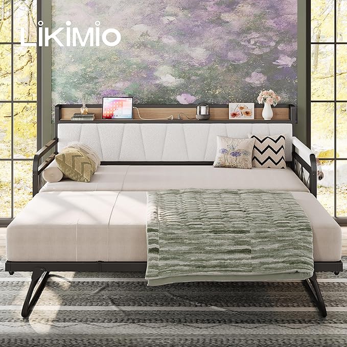 LIKIMIO Daybed with Trundle Bed, Twin Bed Frame with Storage Headboard and Charging Station, Sofa Day Bed with Strong Supports for Living Room, Bedroom, and Guest Room, Cream