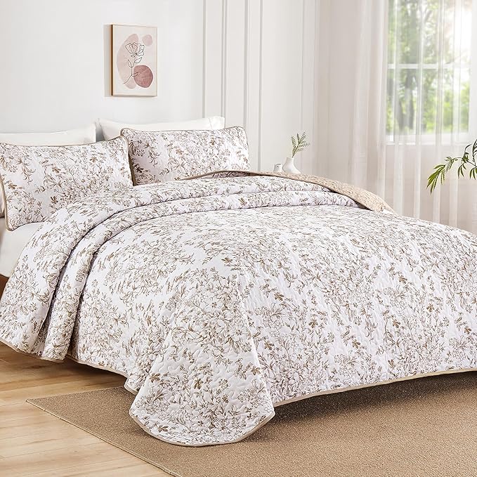 WONGS BEDDING California King Quilt Sets, Brown Quilt Bedding Set with 2 Pillowcases, Botanical Quilt for Cal King Bed, Soft Microfiber Lightweight Coverlet Bedspread for All Season (112"×96")