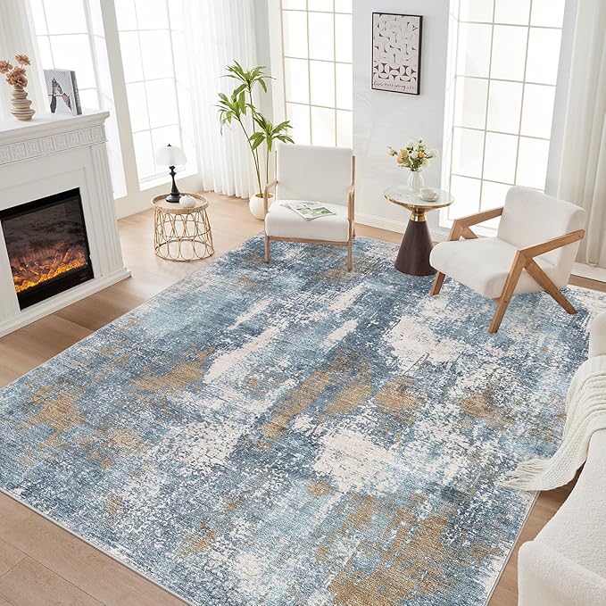 Area Rug Living Room Rugs - 8x10 Washable Large Soft Indoor Neutral Modern Abstract Low Pile Rug Carpet for Bedroom Dining Room Farmhouse Home Office - Blue Brown