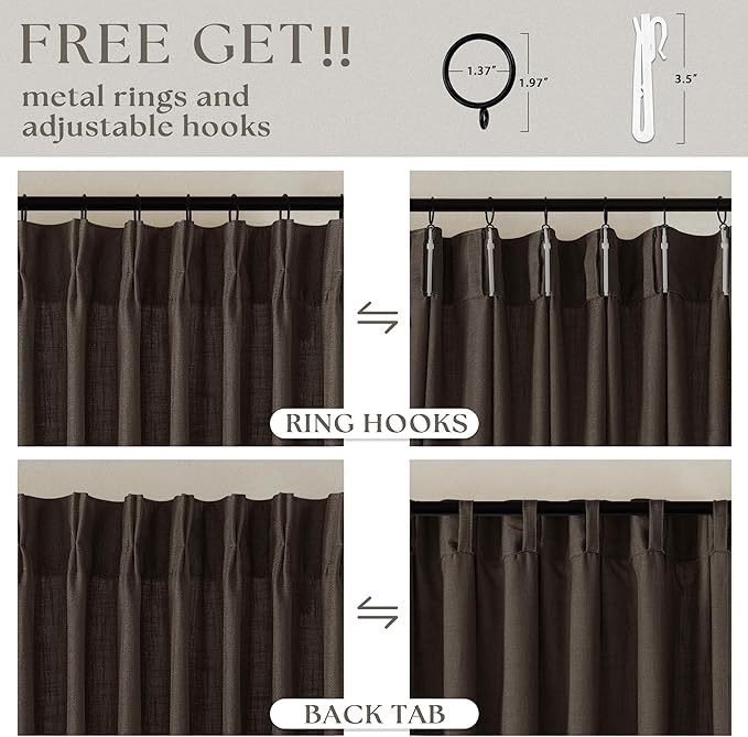 Dark Chocolate Pinch Pleated Linen Curtains 2 Panels for Living Room Bedroom Memory Training Shaped Semi Sheer Pleat Drapes with Hooks Rings Light Filtering Window Curtain 40x90