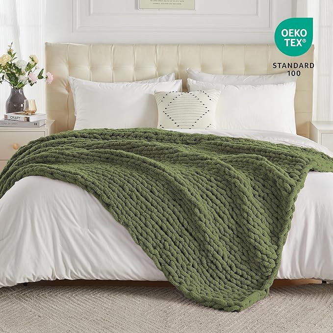 Carriediosa Chunky Knit Throw Blanket 60" X 80" Twin, 100% Hand Made Large Chenille Loop Yarn Soft Fluffy Throws for Couch Sofa Bed, Big Crochet Cozy Heavy Thick Cable Woven Blankets, Olive Green