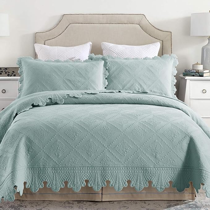MarCielo 3-Piece 100% Cotton Oversized Bedspread Lightweight Quilt Coverlet Embroidery Farmhouse Bedding Set (Tk Aqua Green, Oversized King (118"x106"))