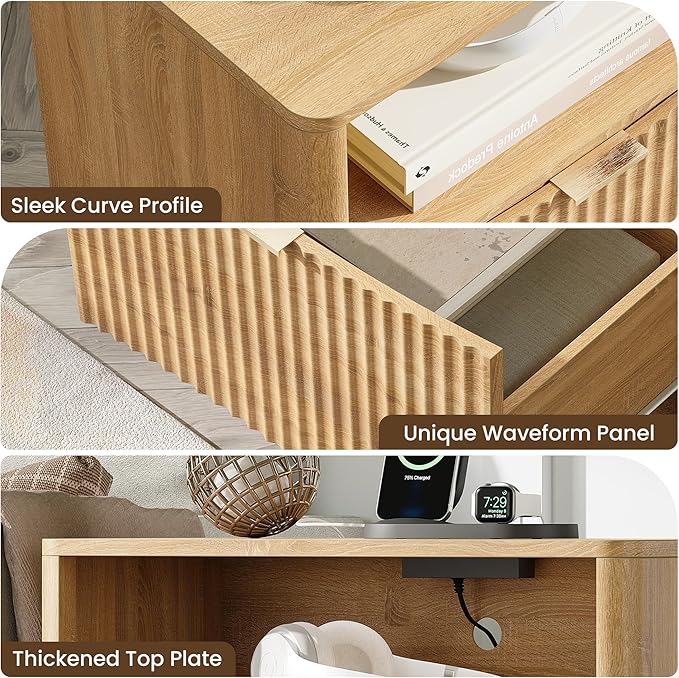 Night Stand with Charging Station, Modern Bedside Table with Drawer & Open Shelf Storage, Small Space Sidetable for Bedroom, Natural Oak