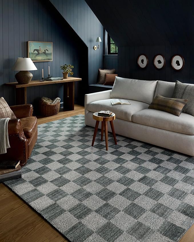 Loloi Chris Loves Julia Calvin Collection CLV-01 Blue/Ivory 5'-3" x 5'-3" Round Area Rug Checkered Neutral Soft Living Room Bedroom Carpet