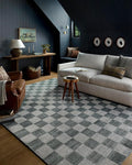Loloi Chris Loves Julia Calvin Collection CLV-01 Blue/Ivory 5'-3" x 5'-3" Round Area Rug Checkered Neutral Soft Living Room Bedroom Carpet