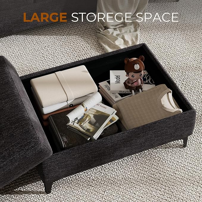 35" Large Storage Ottoman for Living Room, 7.8" Deep Seat Rectangular Ottoman Foot Rest for Couch, Chenille Storage Footstool Load 350 lb （Dark Dray）
