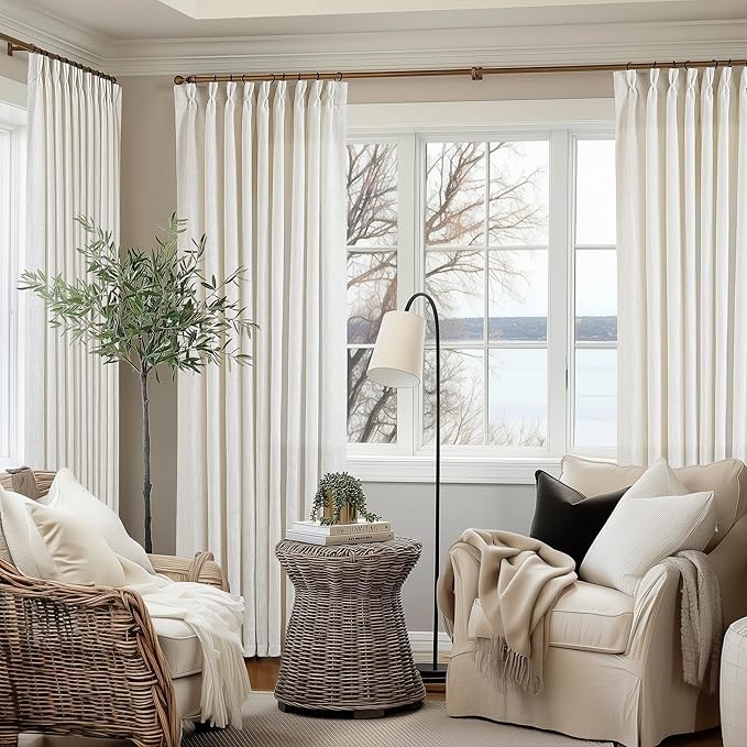 Extra Wide Pinch Pleat Curtains 120 Inches Long for Patio Sliding Glass Door Natural Linen 60 Inch Wide Curtain Memory Trained Pleated Drapes Hooks Rings 60x120 Curtain for Large Window 1 Panel