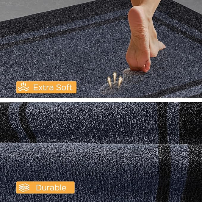 Kitchen Rugs Set (24" x 36"+24" x 60"), Non-Slip Machine Washable Kitchen Runner Rugs Floor Mats, Absorbent Comfort Standing Mat for Kitchen, Sink and Hallway, Rolled Packaging, Bluish Grey & Charcoal