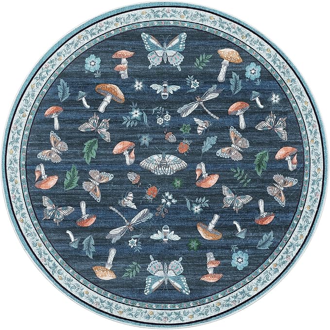 Mushroom Insect 6ft Round Rug Washable Non-Slip Soft Ultra-Thin Boho Circle Carpet for Living Room Bedroom Kitchen Nursery Dining Room Blue