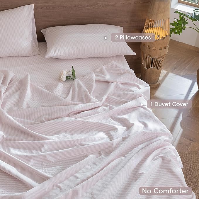 MooMee Striped Duvet Cover Set 100% Washed Cotton Linen Like Textured Breathable Durable Soft Comfy (Heathered Greyish Pink Pinstripes, King 104"x90")