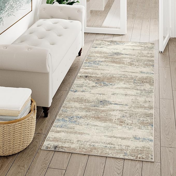 2x6 Runner Rug Hallway Kitchen Washable Abstract Neutral Modern Small Long Beige Brown Carpet Bedroom Bedside Non Slip Low Pile Soft Thin Indoor Throw Rug Entryway Bathroom Door Mat
