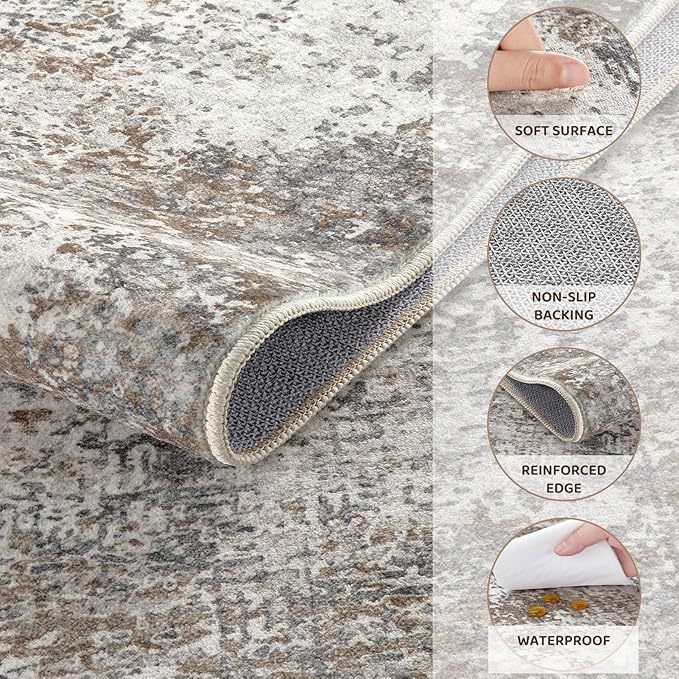 Area Rug Living Room Rugs - 6x9 Washable Large Soft Indoor Neutral Modern Abstract Low Pile Rug Carpet for Bedroom Dining Room Farmhouse Home Office - Brown/Grey/Black