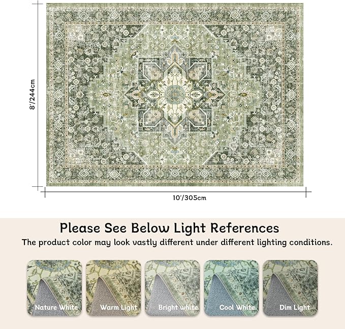 8×10 Machine Washable Rug for Living Room, Boho Vintage 8×10 Area Rug，Distressed Accent Low Pile Ultra Soft Large Carpet for Bedroom Bathroom Dining Room, Floral/Green
