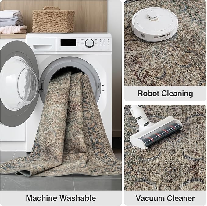 FMFUNCTEX 6x9 Washable Area Rug Brown Vintage Neutral Distressed Large Non Slip Carpet for Living Room Bedroom Soft Low Pile Indoor Mat Retro Throw Rug for Dining Room Kitchen Office Nursery, Multi