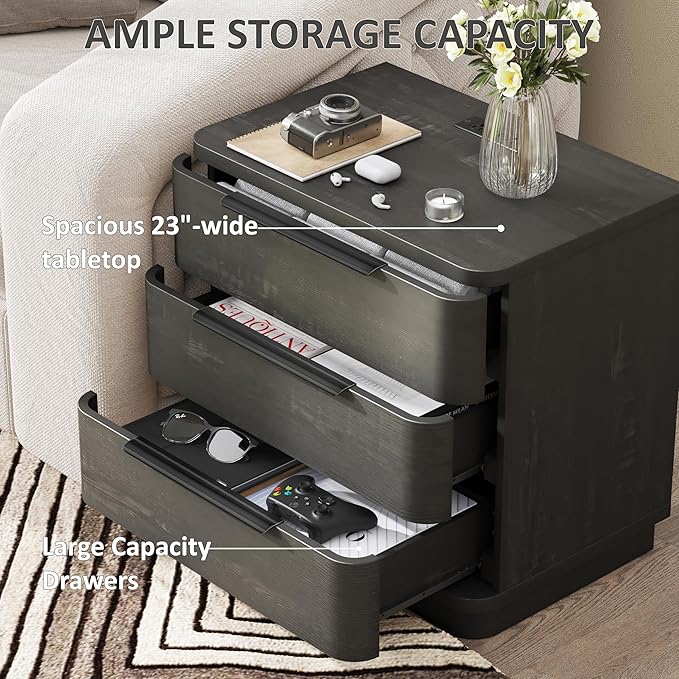 Black Nightstands Set of 2, Bedside Table with 3 Storage Drawers, 24" Tall Wood Night Stand with Charging Station, Modern Wide End Table Side Table W/Metal Handle Curved Profile for Bedroom