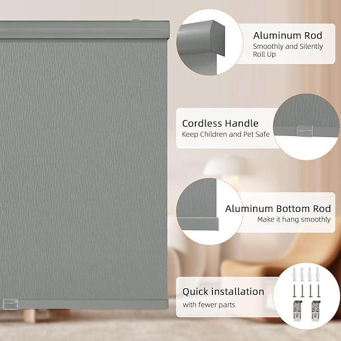 ChrisDowa Cordless Blackout Roller Shades for Windows, Striped Free-Stop Window Blinds with Privacy, Thermal Insulated Window Shades for Home, Office and Door. Grey, 54" W x 72" H