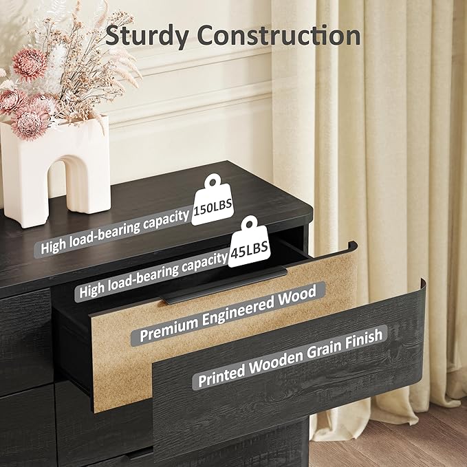 6 Drawer Dresser for Bedroom, 54" Wide Modern Chest of Drawers with Metal Handle, Curved Profile Design, Wooden Black Dresser Closet Clothes Storage TV Stand for Living Room, Hallway