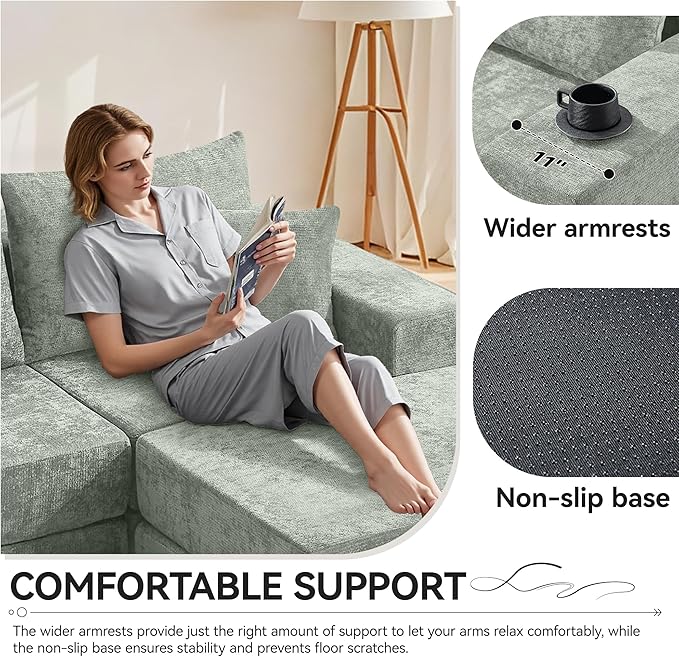 Boneless Sectional Loveseat Couch with Ottoman, Convertible Modular Floor Sleeper Sofa Bed, Comfy Foldable Compression Love Seat Sofa for Living Room, No Assembly, Green