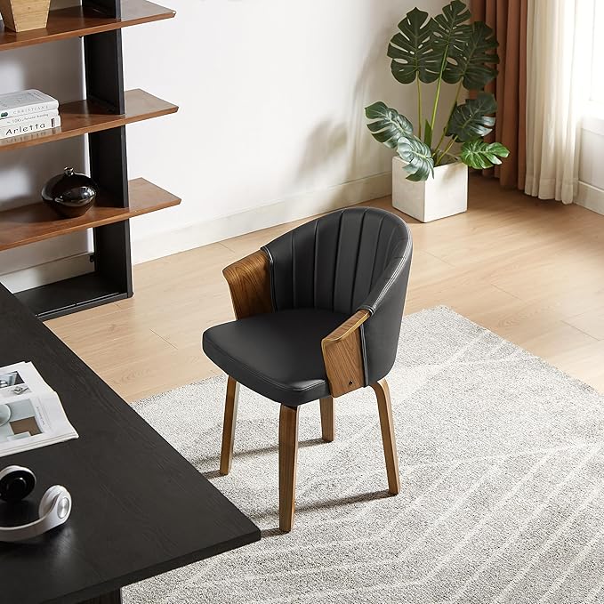 Art Leon Desk Chair No Wheels, Mid Century Modern Swivel Accent Chair, Faux Leather Home Office Desk Chair with Wood Legs for Living Room Bedroom Study, Black/Walnut