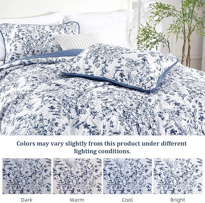 WONGS BEDDING Quilt King Size, Blue Quilt Bedding Set with 2 Pillowcases, Botanical Quilt for King Bed, Soft Microfiber Lightweight Coverlet Bedspread for All Season (110"×90", 3 Pieces)