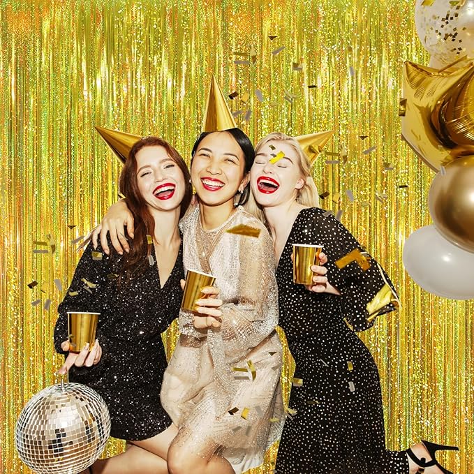 GOER 3.2 ft x 8.2 ft Metallic Tinsel Foil Fringe Curtains Party Photo Backdrop Party Streamers for Birthday,Graduation,New Year Eve Decorations Wedding Decor (2 Packs,Laser Gold)