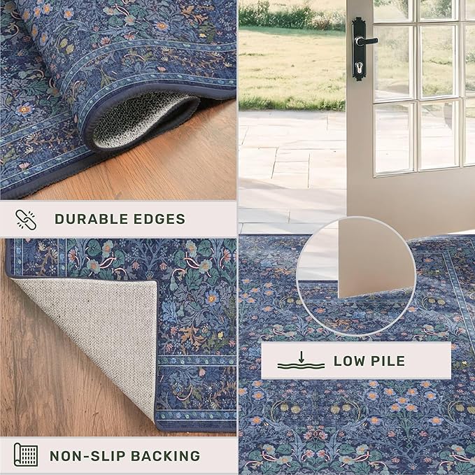 Non Slip 2x7 Dark Blue Kithen Runner Washable - Long Runner Rugs for Hallway, Bathroom, Bedroom Bedside - Dusky Navy Vintage Floral Décor