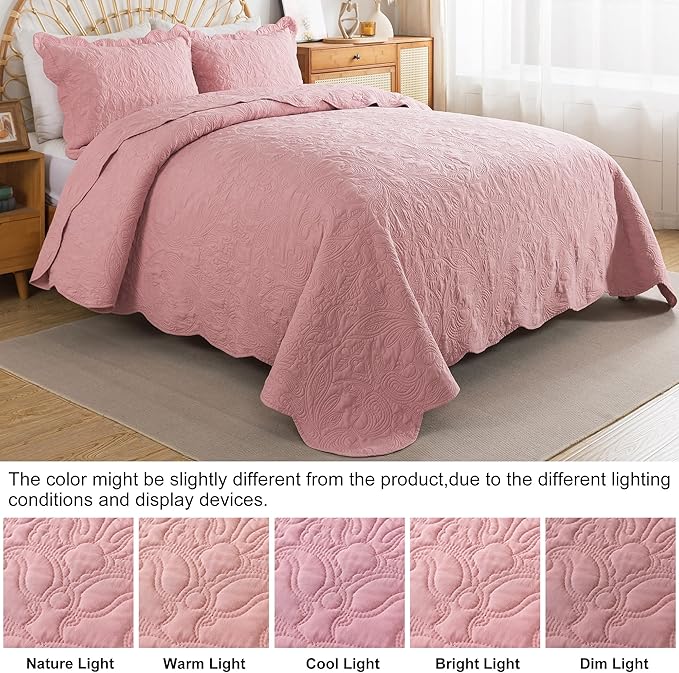 HoneiLife Quilt Sets King Size - 3 Pieces Microfiber Quilt Set Lightweight Bedspreads Reversible Coverlets Rustic Bed Cover King Quilt Bedding Set All Season Quilts-Pink
