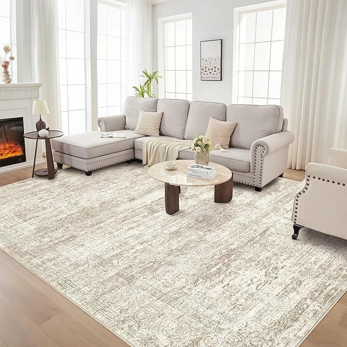 Area Rug Living Room Rugs - 6x9 Abstract Large Soft Indoor Washable Rug Neutral Modern Low Pile Carpet for Bedroom Dining Room Farmhouse Home Office - Vintage Beige