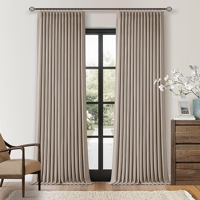 Pinch Pleated Blackout 102 Inch Bedroom Curtains 2 Panels Set Linen Dual Layer Soundproof Farmhouse Window Drapes for Living Room with Hooks Rings Back Tab 100% Black Out Window Drapes 40x102